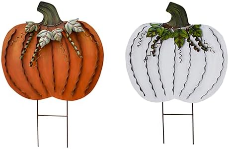 Veclotch Pumpkin Garden Stake Metal Yard Sign Fall Decor, Decorative Pumpkin Yard Garden Decor Outdoor for Autumn Harvest Thanksgiving Halloween Rustic Pumpkin Decor for Home 26 inch H White Orange