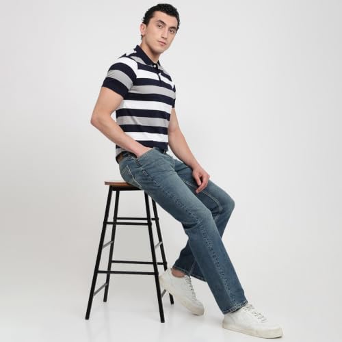Image of Raymond Men Modern Fit Stripe Pattern Pure Cotton Polo Neck Half Sleeve Casual T-Shirt