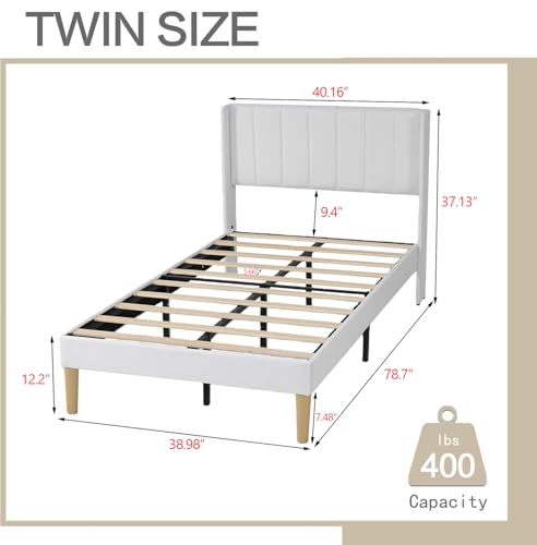 Image of AGARTT Upholstered Platform Bed Frame Twin Size, White Linen