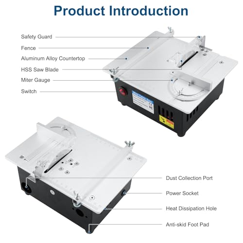 Mini Tischkreissäge 96W, Tragbare Präzisions Tischsäge, 7-Gang-Netzteil, Schnitthöhe 0-20mm, mit 2 Sägeblätter & Sicherheitsklappe, Multifunktional Tischkreissäge für Holzarbeiten