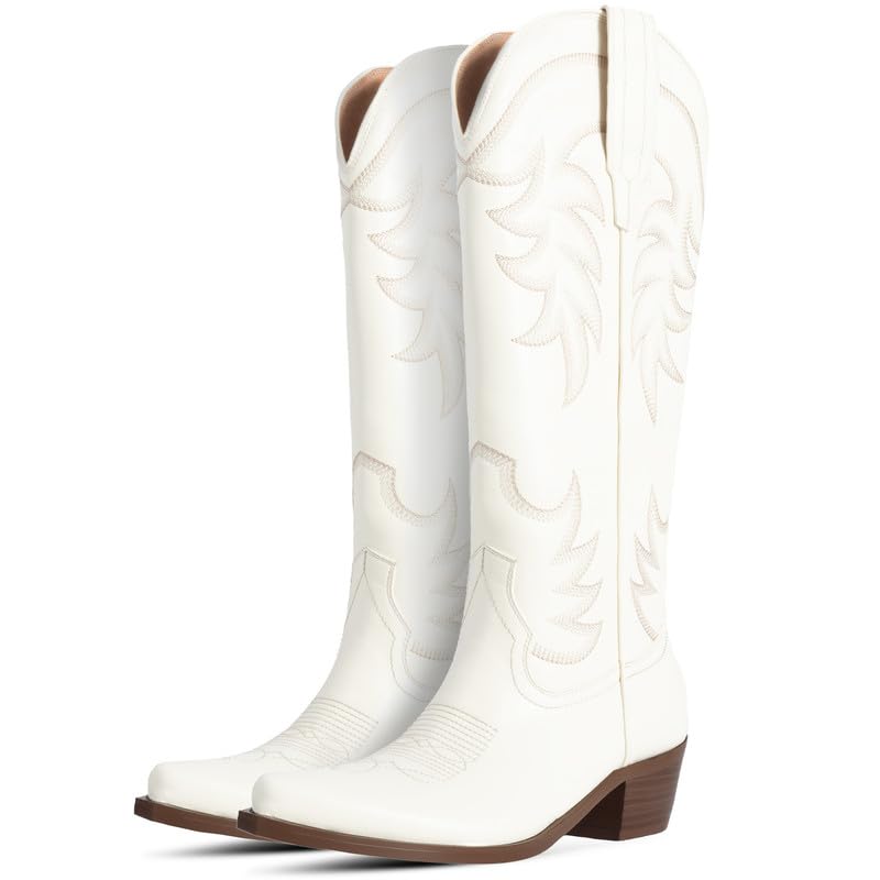 Western Cowboy Boots for Women Knee High Wide Calf Knee High Embroidered Pointed Toe Chunky Heel Cowgirl Boots