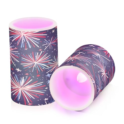 Image of ALAZA Fireworks Blue Red 4th July Flickering Flameless Candles Battery Operated with Remote Timer,Tea Light Candles LED Pillar Votive Patriotic Candles Set of 2 for Outdoor Indoor Decorations