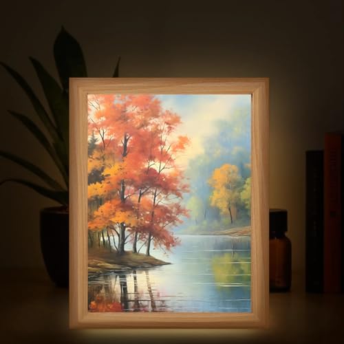 Light Up Painting, Autumn Forest Wall Art Picture Light Oil Painting Forest Light Up Desktop Art Decor, 10 Brightness, USB Powered, 3 Lighting Modes, Anxiety Relief Gift for Bedroom Home-Without Frame