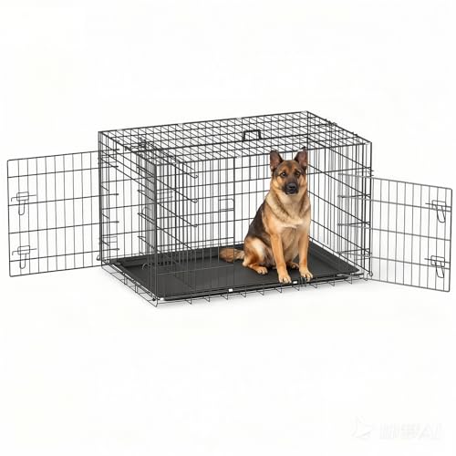 BestOffice Hundekäfig, klappbar, mit 2 Türen, ausziehbar Kunststofftablett und Griff, Hundetransportbox für Reisen, 107x69x76cm, XL, Transportbox- Haustiere, Innen und Außenbereich, Schwarz