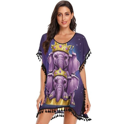 Doodle Art Cute Purple Elephant Women's Beach Cover Up Chiffon Tassel Swimwear Swimsuit Coverups for Girl