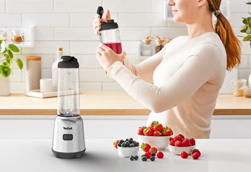 Tefal BL15FD Mixer et Move Mini Blender 300 W 2 Bouteilles To-Go en Tritan Premium Design Compact Facile à Nettoyer Lames Amovibles Commande à Un Bouton Argent/Gris