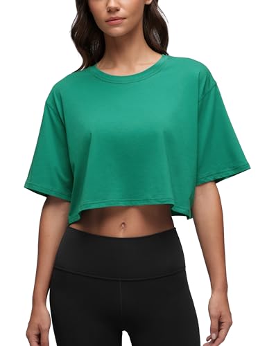 Image of CRZ YOGA Pima Cotton High Neck Crop T-Shirt | Workout, Naturally Soft, Loose Fit, Short Sleeve Tops for Women