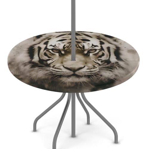 oooJHooo Outdoor Tablecloth with Umbrella Hole, Animal Tiger Round Fitted Tablecloth, Spring Summer Elastic Picnic Table Cover Camping Table Cover for Outside Patio Garden Cafe 45"-56",D-1241