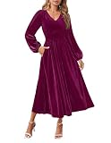 ZESICA Women's Velvet Midi Dress 2025 Casual V Neck Long Sleeve Solid Color Elastic High Waist Flowy Evening Party Dresses Plum Small