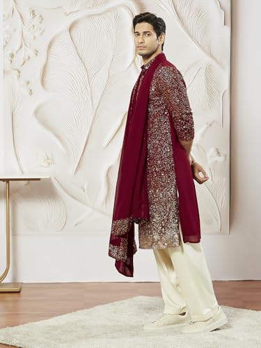 Image of VASTRAMAY Men Men's Maroon Georgette Kurta Patiala And Dupatta Set