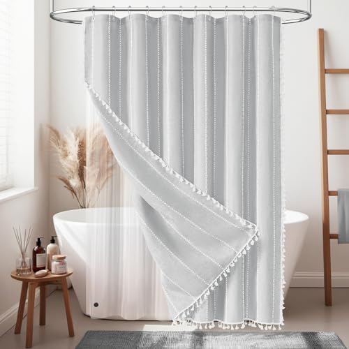 BTTN 3 in 1 Shower Curtain with Liner, Grey Boho Linen Striped Cloth Shower Curtain Set with Plastic Hook, Farmhouse Bohemian French Country Waterproof Fabric Shower Curtain for Bathroom, Gray, 72x72 by BTTN - Used condition - US$27.19