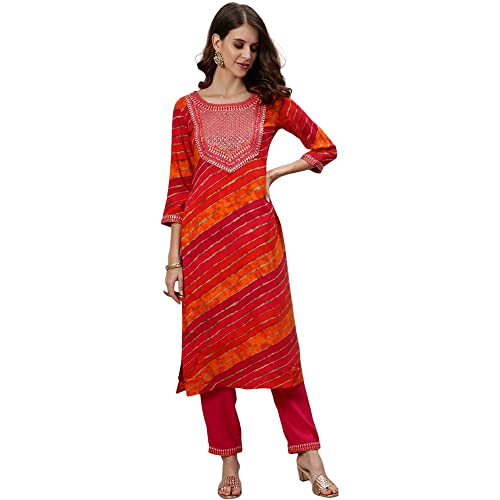 Image of anubhutee Rayon Leheriya Printed Festive Straight Kurta Pant Suit Set for Women