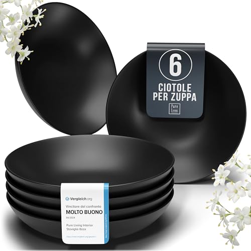 Piatti Neri Moderni - Set Piatti 6 Persone in Ceramica - Elegante Servizio Piatti Manhattan, Adatti a Lavastoviglie e Microonde - Piatto Piatto Profondo per Pasta - Pure Living