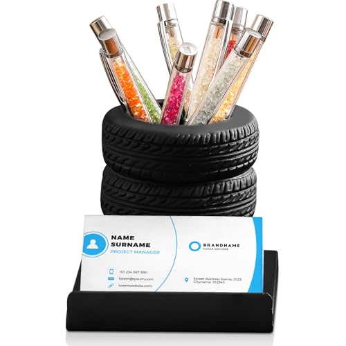Feifeiya Tire Shape Stationery Set Tire Shaped Pen Holder Metal Business Card Holder Automotive Business Card Organizer for Man Desk Office School Cool Mechanic Gifts Car Lovers Accessories(Black)
