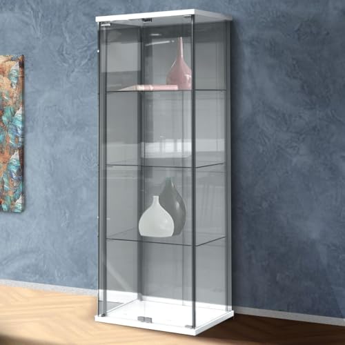 Bissolo Casa Vetrina Bianca 2 Ante, Ripiani in Vetro Temperato, Struttura in Metallo e Laminato, Dimensioni 60,5 x 36,5 x H.163 cm, per Soggiorno, Sala da Pranzo, in Kit