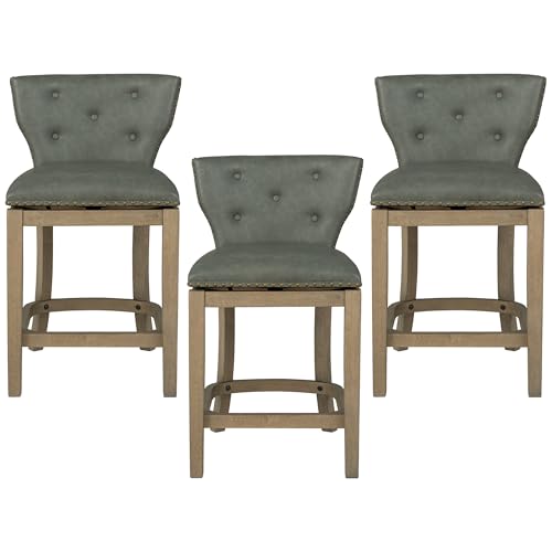 Image of ROME + OAK Carlynd 26 inch Swivel Counter Stool, Reclaimed Oak, Set of 3 | Low Back Kitchen Barstool with Grey Stone Vegan Leather Upholstered Seat for Counter Height Dining