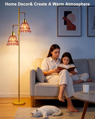 Image of 2-Light Modern Glass Floor Lamp, Gold Tall Standing Lamp with Deep Red Tulip Glass Shade for Reading, Dimmable LED Floor Lamp with 5Lbs Heavy Base for Living Room Bedroom Home Decor, Bulb Included
