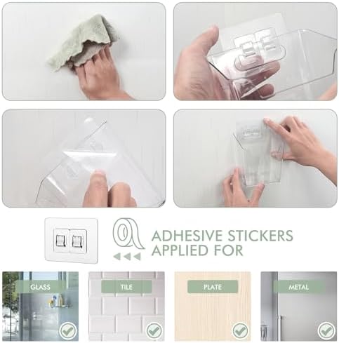 Adhesive Wall Storage Bins 10 Pack, 4 Small Clear & 6 White Pen Holders, Hanging Wall Mount Pockets, Plastic Cups for Shower Bathroom Makeup Office Craft Remote Kitchen Sink RV Organization image 3