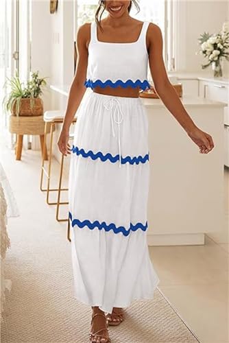 Women Summer 2 Piece Skirt Set Sleeveless Rick Rack Trim Cropped Tank Top Tiered A-line Flowy Maxi Skirt Set2