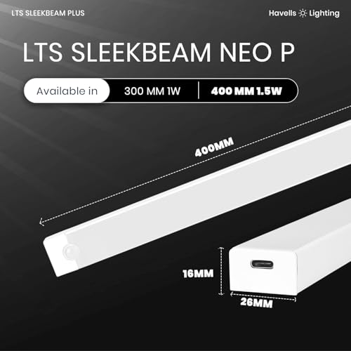 Image of Havells SLEEKBEAM NEO 400MM 1.5W Rechargeable Motion Sensor LED Light for Wardrobe, Closet, Cabinet, Kitchen, Under Stairs, Drawer, Shelf, Garage, Quick Magnetic Self Installation| Type-C Charging