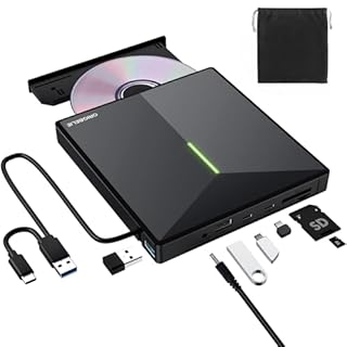 ORIGBELIE External CD/DVD Drive for Laptop, USB 3.0 DVD Player with 4 USB Ports & 2 TF/SD Card Slots, Portable CD/DVD +/-RW Drive Burner Reader Writer for Desktop PC Windows 11/10/8/7 Linux Mac OS