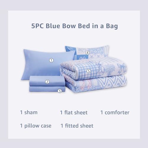 Image of Twin XL Comforter Set for Girls Blue Bow Floral 5 Pieces Bed in a Bag