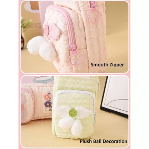 Image of Zqiue Two Layer Aesthetic Pencil Pouch with Plush Ball Decoration for Girls, Smooth Zipper Cute Stationary School Pouches for Kids, Large Capacity Pencil Box for Boys