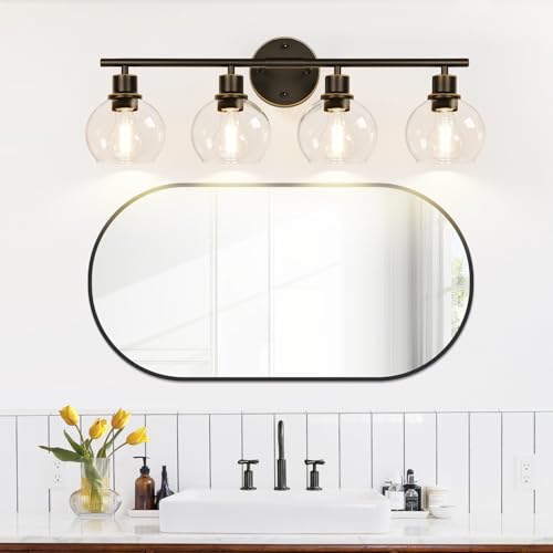 Image of Indoi 4-Light Bathroom Light Fixtures, Oil Rubbed Bronze Bathroom Lights Over Mirror with Clear Glass Globe Shade, Vanity Lights for Bathroom Kitchen Living Room Hallway Cabinet Bedroom Porch