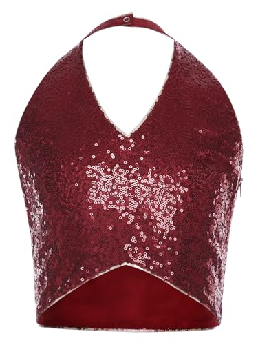 Choomomo Girls Sequins Halter Dance Crop Tops Stage Performance Tank Vest Sparkly Sleeveless Dancewear