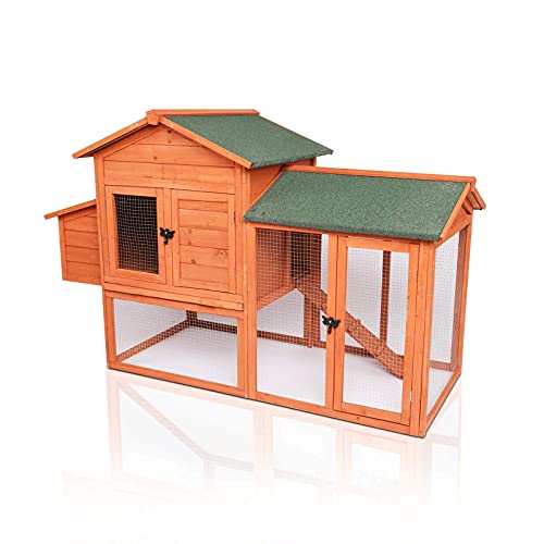 Pirecart Wooden Chicken Coop, 65\" Outdoor Poultry Cage, Multi-Level Weatherproof Hen House w/Ramp, Run, Nesting Box, Removable Tray, Wire Fence, Asphalt roof, for Backyard Farm Use, Chick, Rabbit Duck