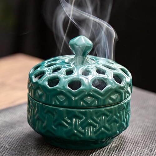 AOBOPO 陶器製丸香炉 透かし彫り蓮蓋付き 渦巻き線香用 おしゃれシンプル 難燃綿付き耐久性 水洗い可 聞香炉・置物として瞑想・浄化・茶道・香道・和洋室・仏具供養・風水・仏壇に最適