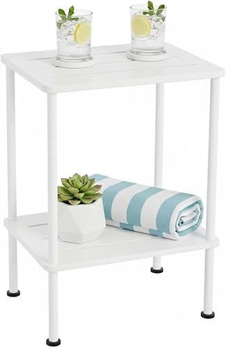 Bamboo Adirondack - Mesa auxiliar cuadrada para exteriores, mesa auxiliar de bambú de almacenamiento de 2 niveles para patio, mesas auxiliares para