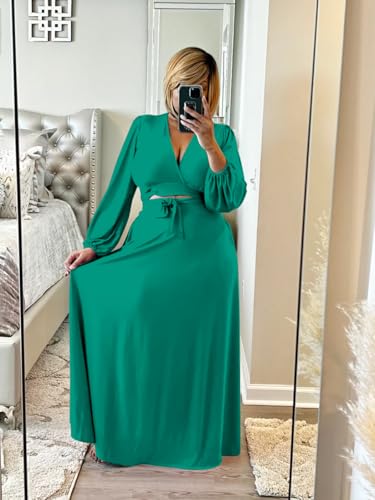 Image of Plus Size Women's 2 Piece Outfits Casual Long Sleeve Wrap Crop Top Maxi Long Dress Flowy Matching Sets