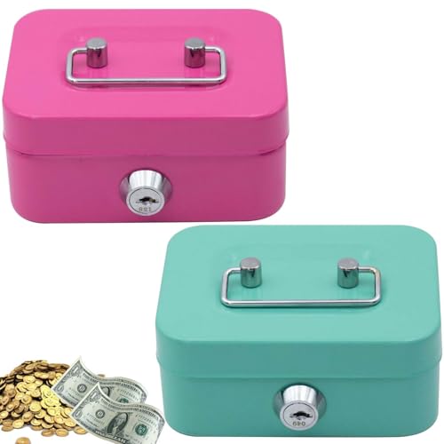 2 cajas de caudales pequeñas y pequeñas con 2 llaves, con cerradura, adecuada para caja fuerte, caja de propinas, 11,5 x 8,5 x 5 cm (verde y rosa)