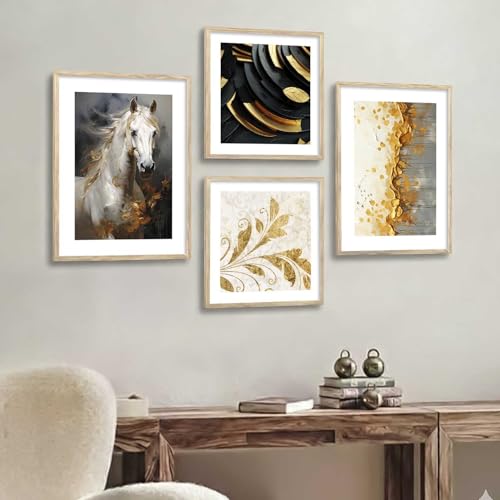 Image of kotart Premium Paintings with Frame for Home Decoration - Modern Art Golden Horse Painting for Living Room Bedroom Office Wall Decoration - Pack of 4 (Art 5, Big (13x17 or 13x13 inch))