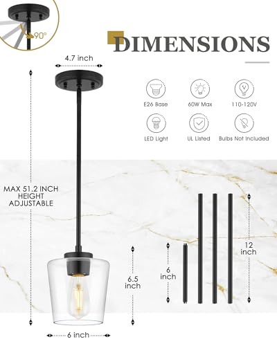 Image of Black Pendant Light for Kitchen Island, 6 inch Clear Glass Shade | Modern Hanging Light Fixture, Kitchen Pendant Lighting Over Island for Dining Room, Adjustable Height, AD-22004-1P-BK-C