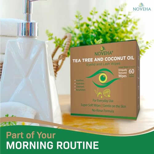 Image of NOVEHA 60PCs Tea Tree & Coconut Oil Eyelid & Lash Wipes - For Demodex, Blepharitis & Itchy Eyes, Individually Wrapped Eyelash Wipes With Aloe Vera, Natural Makeup Remover & Daily Eye Cleanser