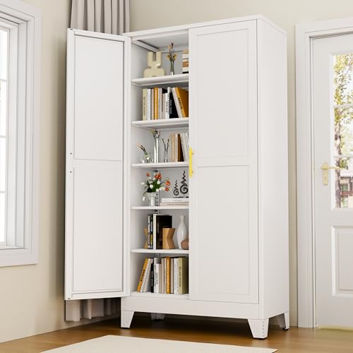 Image of White Metal Storage Cabinet,75 inch Steel Cabinets for Home Office, Kitchen Pantry Storage Cabinet with Doors and 5 Adjustable Shelves, Tool Cabinets, for Office, Home, Garage, School, 36 inch W