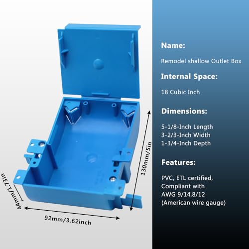 Image of Single Gang Shallow Switch and Outlet Box with Bracket, 18 cu in | Features Old Work; PVC; Thin Wall Box with Flip Cover; Blue(3 Pack).