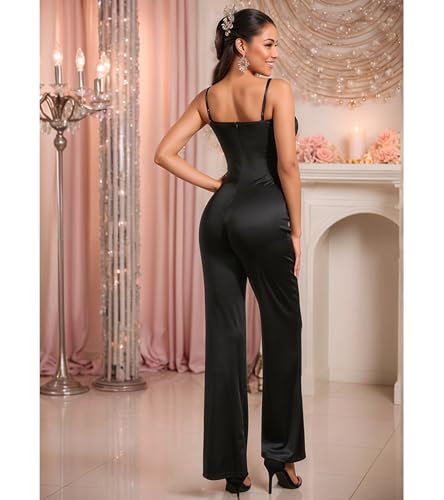 Image of Jigfar Women Sexy Sparkly Rhinestone Spaghetti Straps Bodycon Jumpsuit Wide Leg Deep V Neck Party Club Night Outfit(FK3388,Black,L)