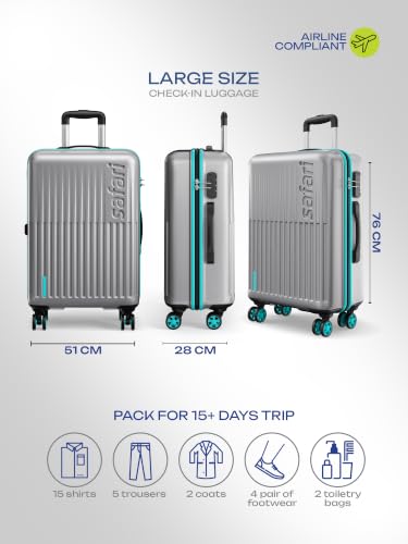 Image of Safari Large Astra Neo 8 Wheels 76cm Size Check-in Trolley Bag, Hard Case Polycarbonate, 360 Degree Wheeling Luggage for Men & Women, Travel Bag, Suitcase for Travel, Silver