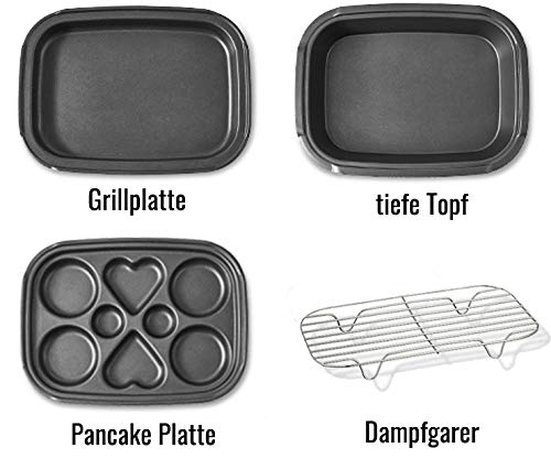Foto von HAUSLIEBE Multifunktionspfanne Elektropfanne Elektrischer Tischgrill Multipfanne mit Metalldeckel und Einstellbare Temperatur, 1200W, Grillplatte, Dampfgarer, Pancake-Pfanne und Tiefe Topf, Weiß