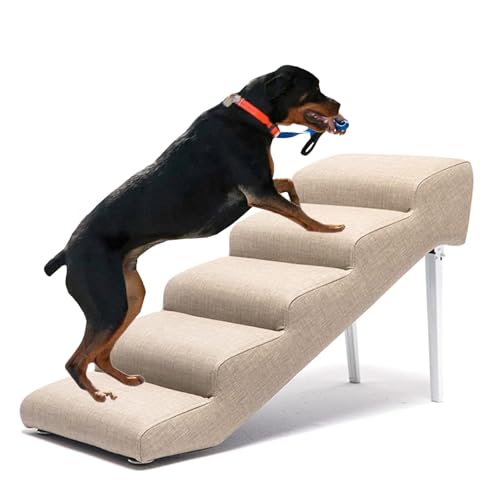 ​Folding Pet Ramp for High Beds Couches, 200Lbs Capacity, Waterproof Non-Slip Dog Stairs for Large Dogs Cats, Adjustable, Beige​(Light Brown,90x40x55cm)