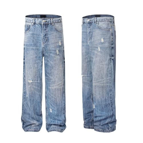 Jeans Pants Trousers Denim Retro Trendy Street Piercing Tear Holes Wash Blue Straight Commuter for Men4
