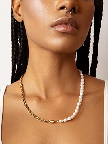 Half Pearl Half Chain Necklace, 18K Gold Plated Stainless Steel Twisted Rope Chain, Freshwater Pearl Stack, Vintage Style Hypoallergenic Necklace for Women4