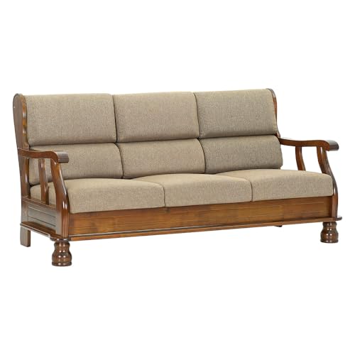 Image of Royaloak Melaka Wooden 3 Seater Sofa with Brown Colour Cushion | Solid Wood | Fabric Cushion Cover | Moulded Foam Cushions | Curved Arm Design | Durable & Long Lasting | Malaysian Collection