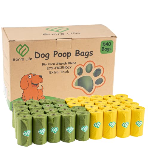 Bonre Life 540 sacs à déjections canines, Extra Épais Robuste Etanches Mélange d'amidon de maïs Biodégradables pour Déjections Canines