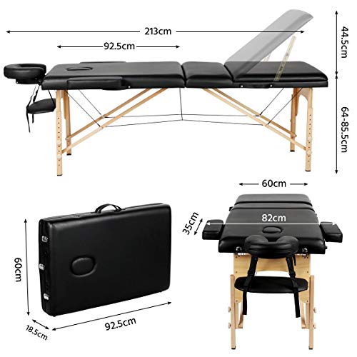 Yaheetech Massage Bed Portable Professional Beauty Spa Salon Couch Bed with Adjustable Wooden Legs/Headrest/Armrest 3 Sections Black - Image 3