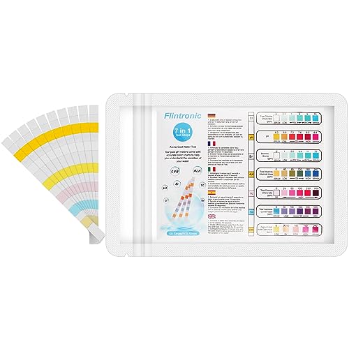 Flintronic Tiras de Prueba de Agua 7 en 1, Tiras PH Piscinas para Probar Dureza Total, Cloro Total, Bromo, Cloro Libre, PH, Ácido Cianúrico y Alcalinidad Total, para Piscina, SPA-100PCS-2 Bolsos
