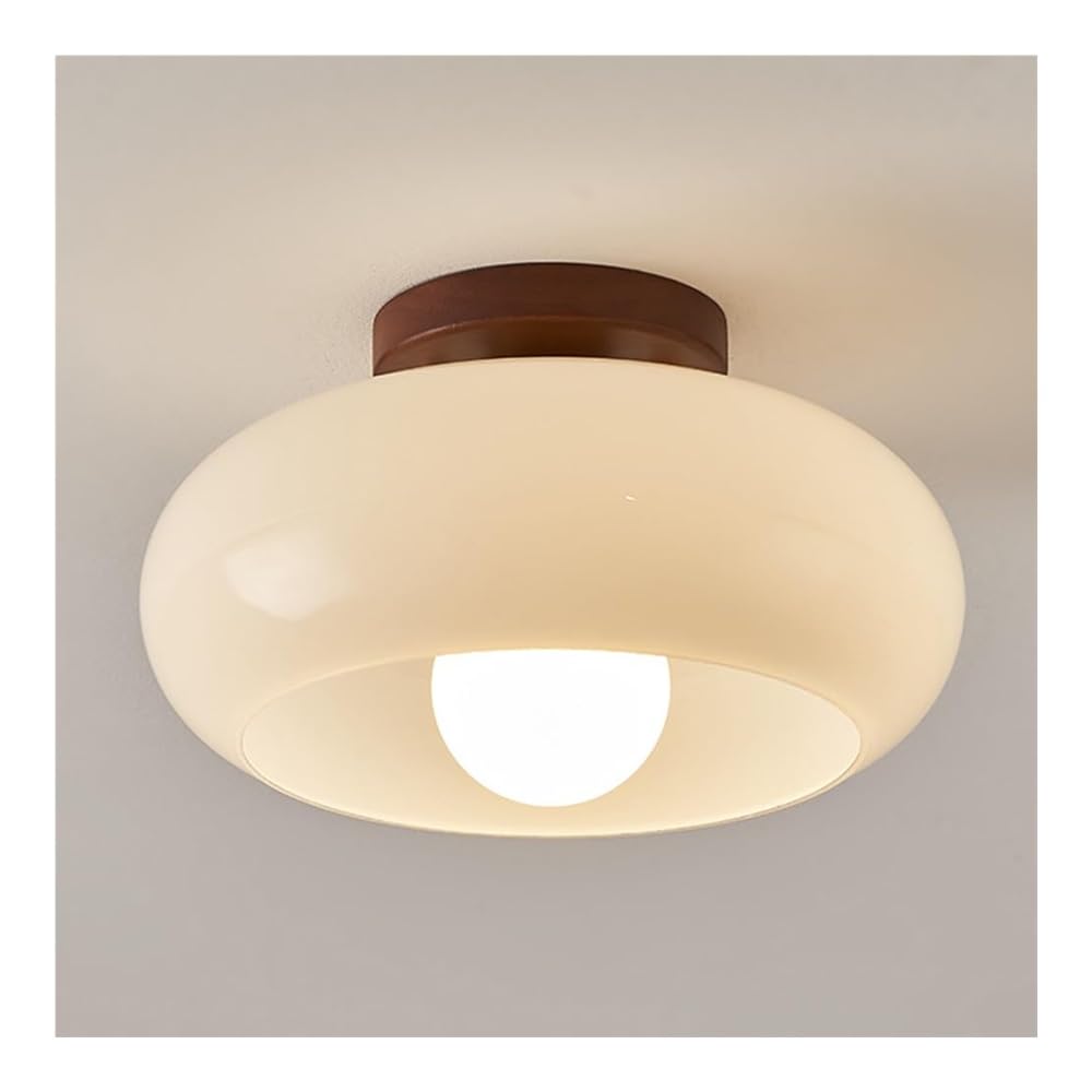 11 Inch Modern Small Chaner - Elegant Round White Glass Shade Beige Finish Ceiling Light for Living Room, Bedroom, Dining Room, Indoor Home Decor